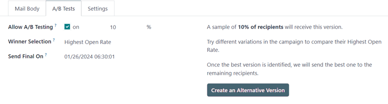 View of the A/B Tests tab in Cobuild Email Marketing application.