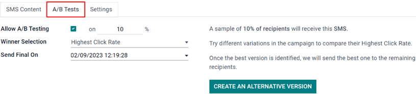 The A/B Test tab is located on a Cobuild SMS Marketing app campaign form.