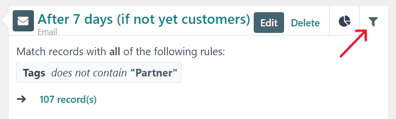 What a campaign activity filter tab looks like in Cobuild Marketing Automation.