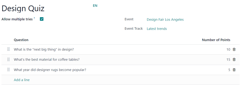 The Add Quiz page in the Cobuild Events application for an event track.
