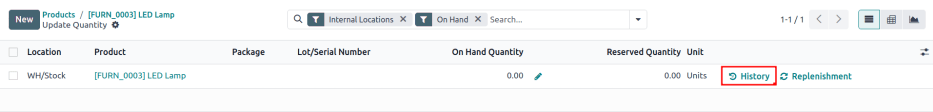 Show the "History" button on the Inventory Adjustments page.