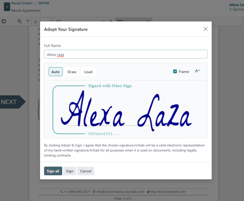 The adopt your signature pop-up window that appears in the Cobuild Rental application.