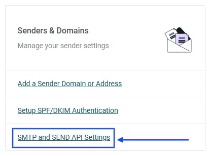SMTP and Send API Settings link in the Senders & Domains section of Mailjet.