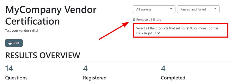 The applied filter on the 'See results' page in the Cobuild Surveys application.