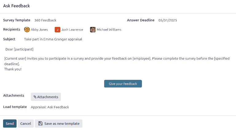The email pop-up when requesting feedback from other employees.