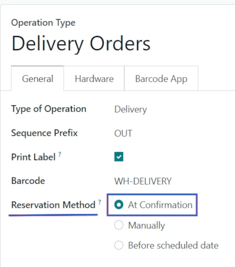 Reservation method field on delivery order operation type form.