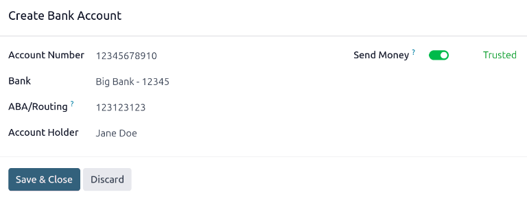 The Create Bank Account form with all the information filled out.