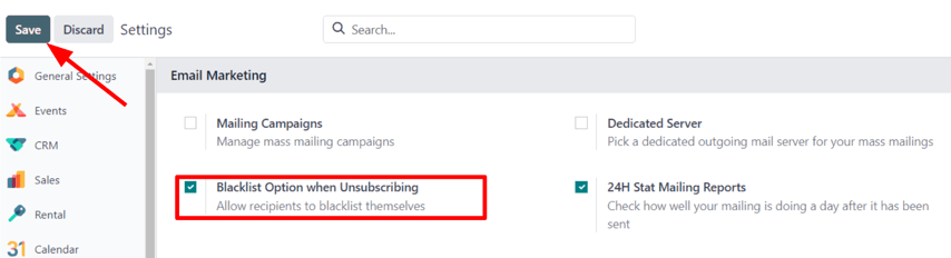 View of the blacklist feature in the Settings page of the Cobuild Email Marketing app.