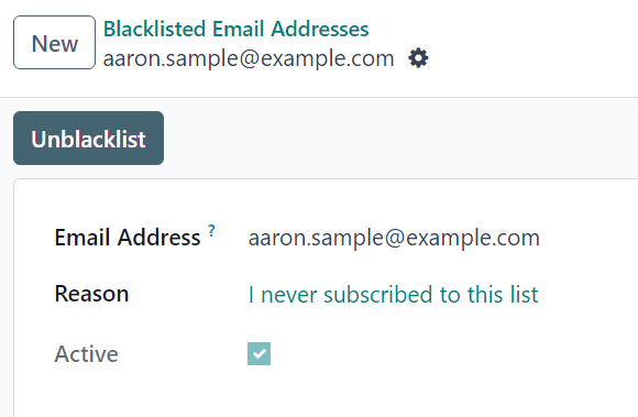 View of a blacklisted contact detail form in Cobuild Email Marketing.