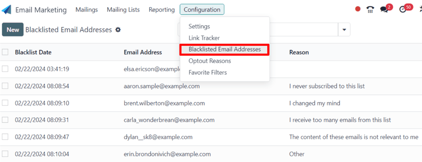 View of the blacklisted email addresses page in Cobuild Email Marketing.
