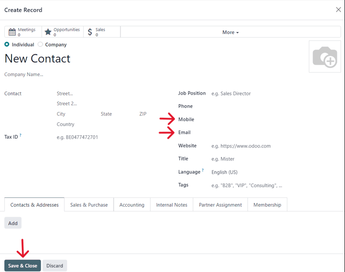 A blank contact form from a launch test pop-up window in Cobuild Marketing Automation.