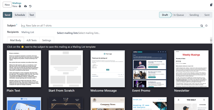 View of a blank email detail form in Cobuild Email Marketing application.