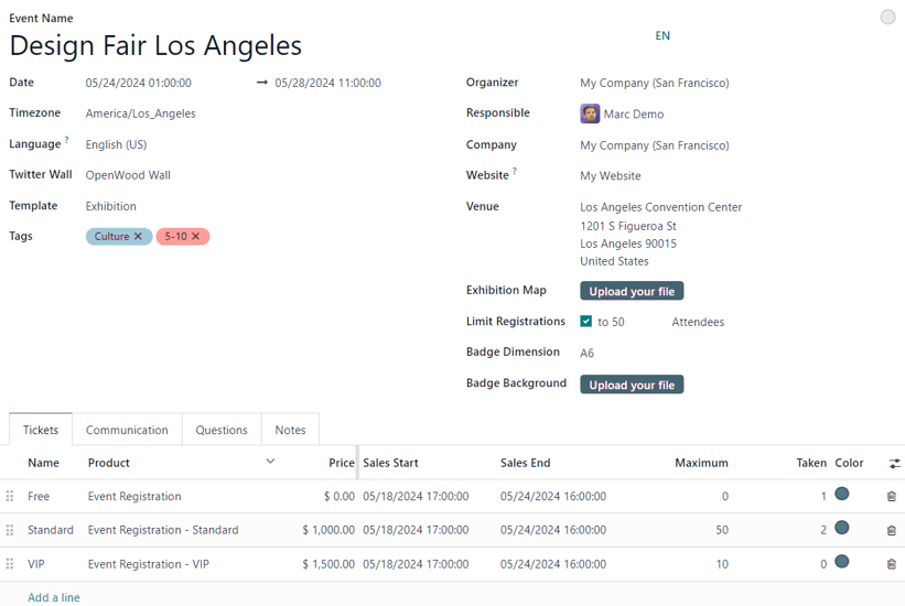 Typical event template in the Cobuild Events application.