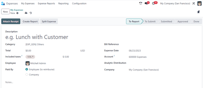 A blank expenses form in the Cobuild Expenses application.