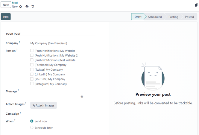 Blank social media post detail page in Cobuild Social Marketing.