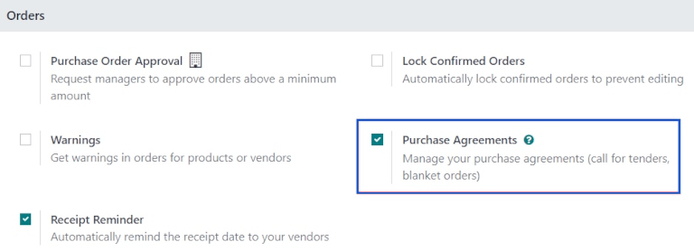 Purchase Agreements enabled in the Purchase app settings.