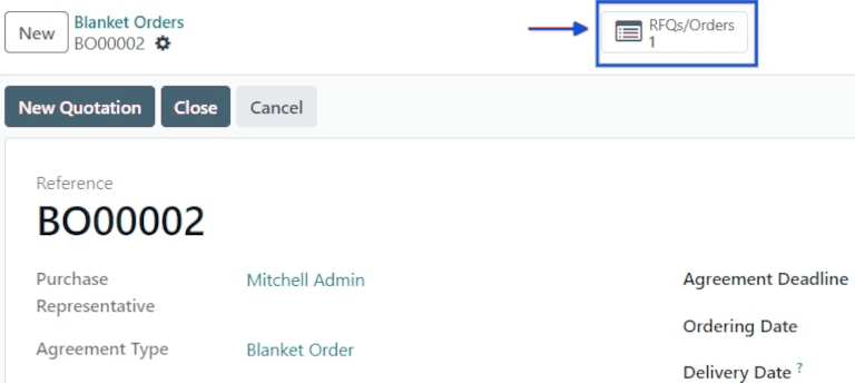 RFQs and Orders smart button from blanket order form.