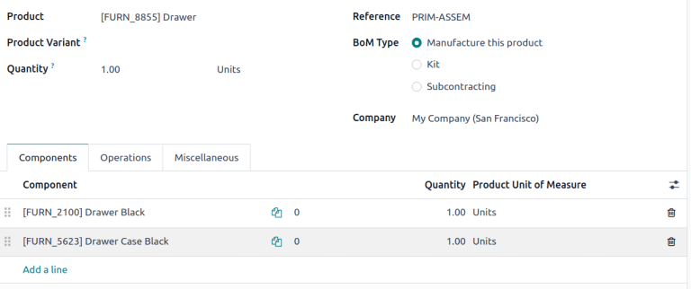 Show BoM for a product, with components listed.