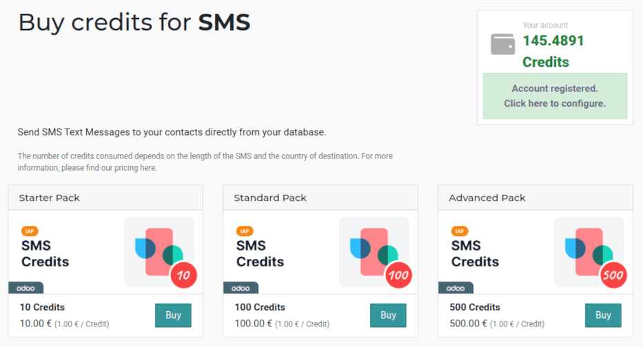 The SMS service page on IAP.cobuild.app with four packs of credits available for purchase.