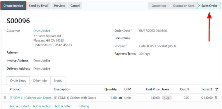 Cabinet with doors sales order that's been confirmed in the Cobuild Sales application.