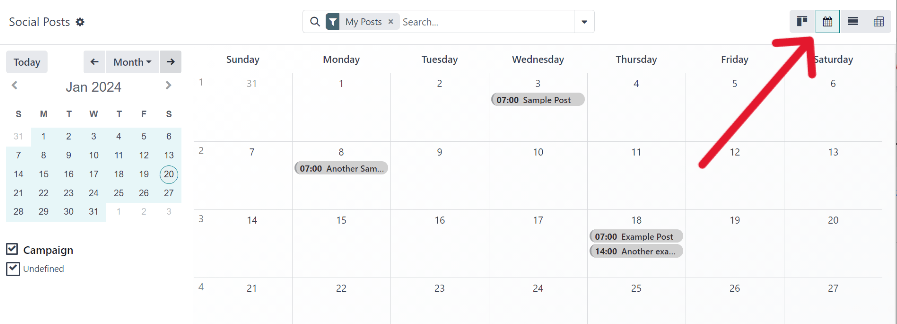 Example of the calendar view in Cobuild Social Marketing.