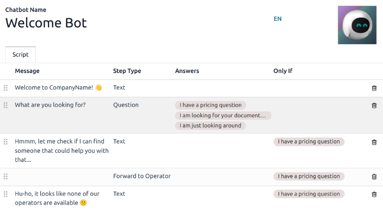 View of the Welcome Bot script in Cobuild Live Chat.