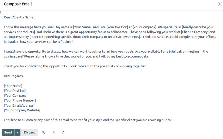 A draft of an email with text generated by AI.