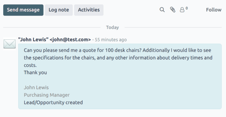 The chatter thread of a newly created lead in the CRM app.