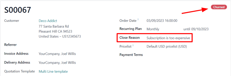 A churned sales order for a closed subscription in Cobuild Subscriptions.