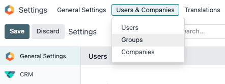 Groups menu in the Users & Companies section of the Settings app of Cobuild.