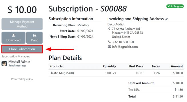 Close subscription button on a customer's view of a sales order in Cobuild Subscriptions.