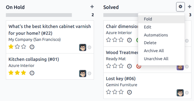 View of stage on Helpdesk pipeline with emphasis on gear icon and edit stage option.
