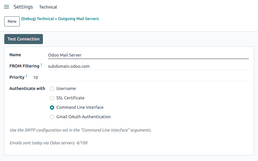 Adding a mail server using the Cobuild's mail server with the CLI authentication.