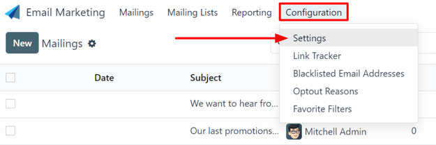 View of the Configuration menu with Settings page in the Cobuild Email Marketing application.