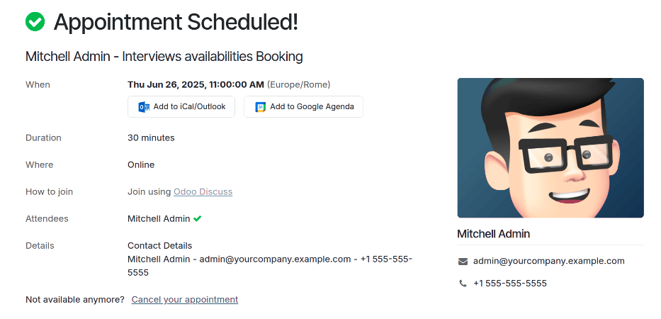The confirmation page with all the details for the interview displayed.