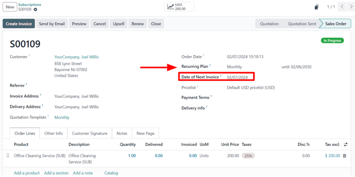 A confirmed subscription sales order in the Cobuild Subscriptions application.