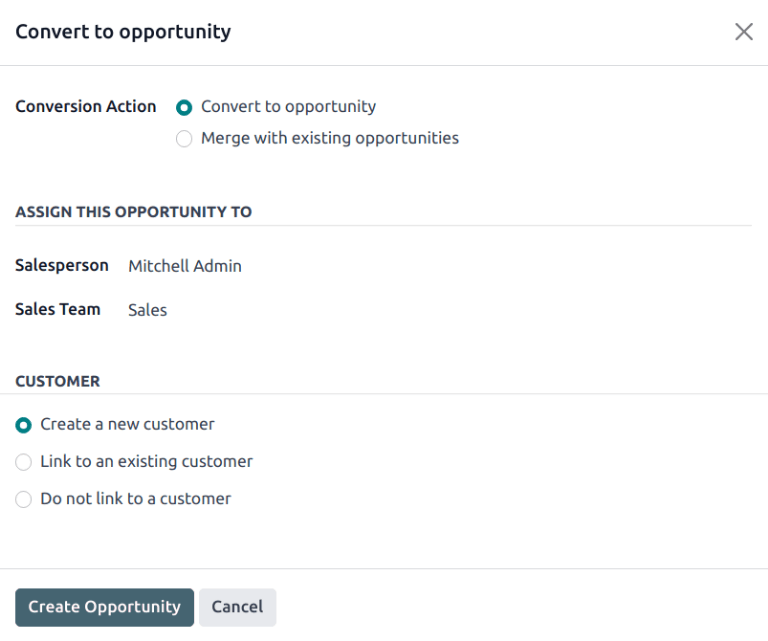 Create opportunity pop-up.