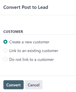 The convert post to lead pop-up window that appears in Cobuild Social Marketing.