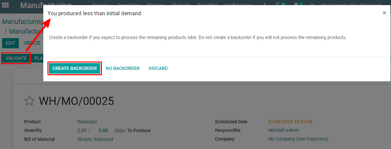 The Create Backorder button on the "You produced less than initial demand" pop-up window.