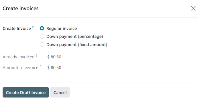 The deduct down payment option on the create invoices pop up in Cobuild Sales.