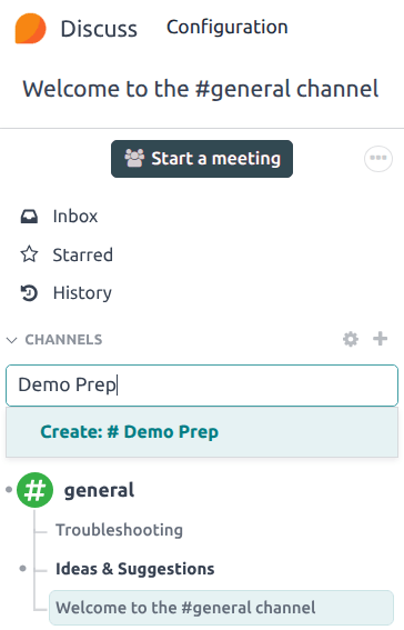 View of discuss's sidebar and a channel being created in Cobuild Discuss.