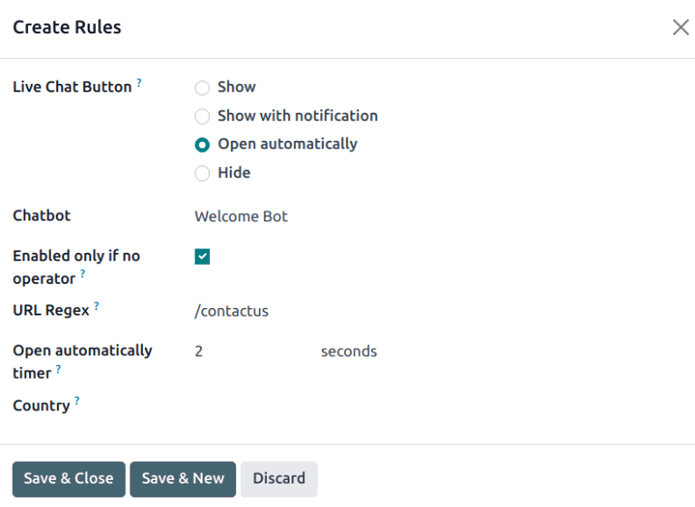 View of a channel's rules form for Cobuild Live Chat.
