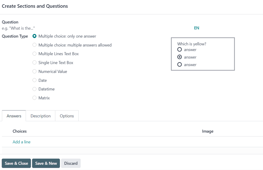 The Create Sections and Questions pop-up form in Cobuild Surveys.
