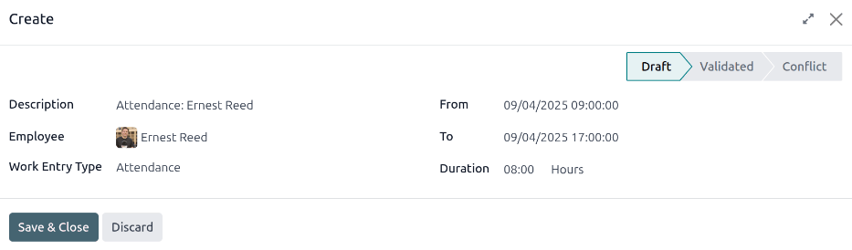 Filling in the work entry Create form in Cobuild.