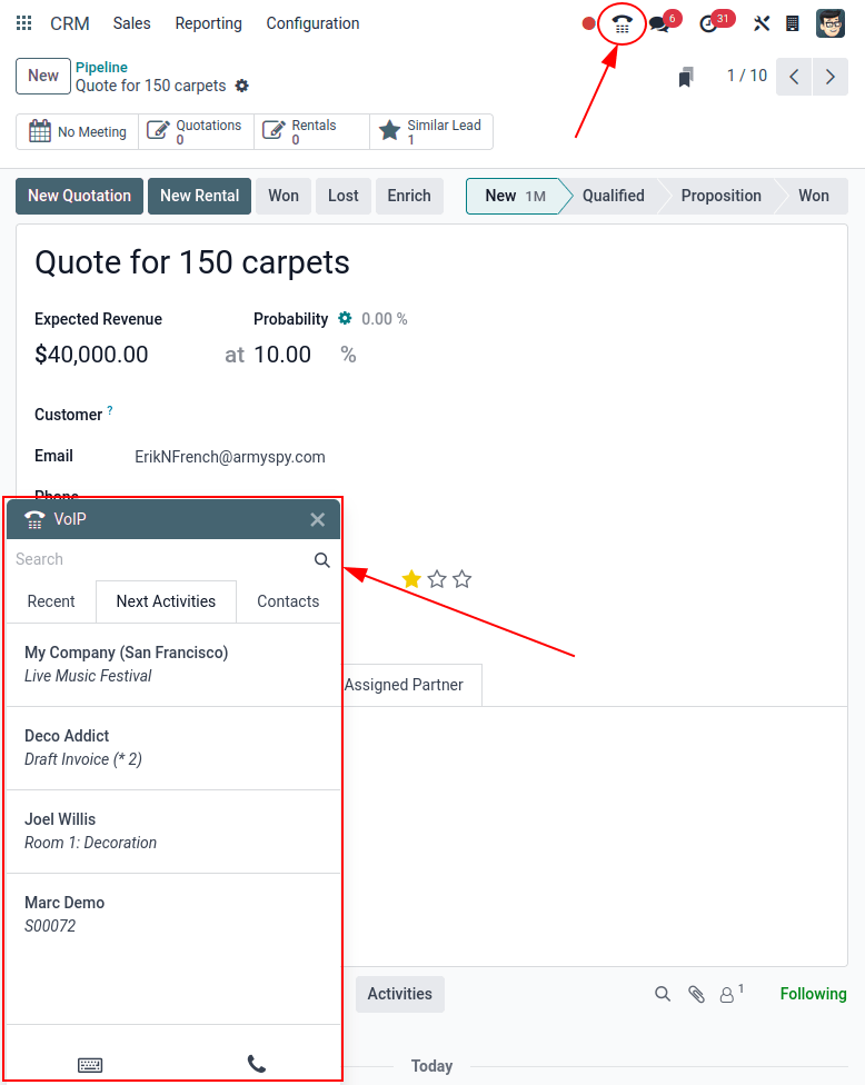 View of CRM leads and the option to schedule an activity for Cobuild Discuss.