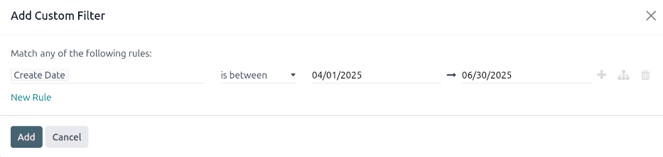 The Custom Filter pop-up with the parameters set.
