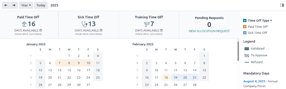Time off dashboard view with the legend, time off summaries, and view buttons highlighted.