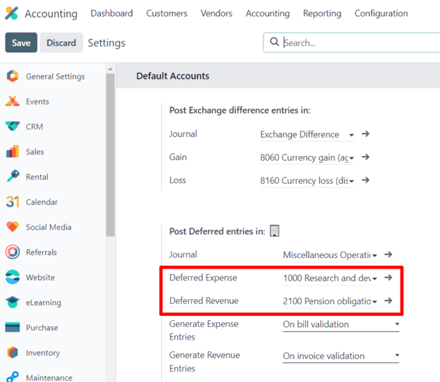 The necessary deferred account settings in the Cobuild Accounting app's settings page.