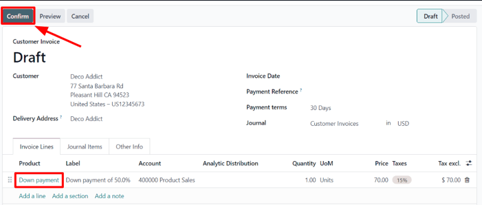 A sample draft invoice with down payment mentioned in Cobuild Sales.