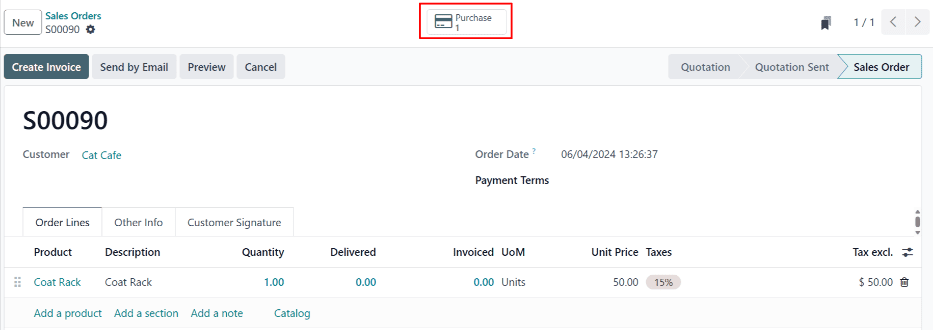 A dropship sales order with the Purchase smart button in the top right corner.